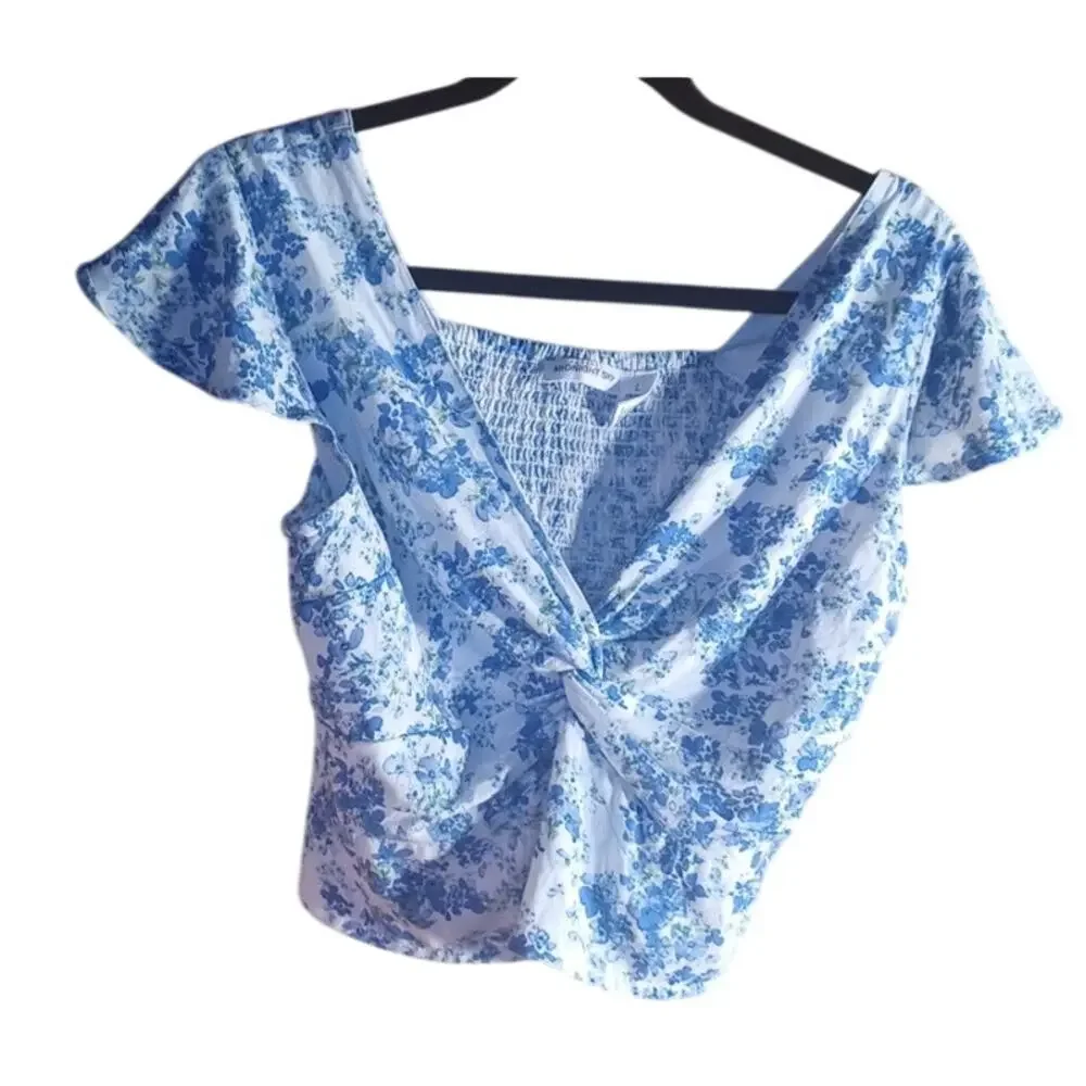 Midnight Sky Baby Doll Smocked Floral Blue White Top Linen Blend Women's Large - Picture 1 of 6